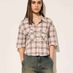 Only Beige Cotton Boxy Fit Checks Shirt-image-43