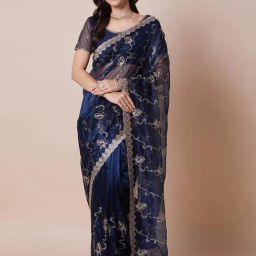 Saree Mall Navy Blue Net Embroidery Saree with Blouse Piece-picture-43