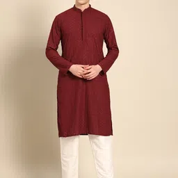 RAJUBHAI HARGOVINDAS Men Maroon Ethnic Motifs Embroidered Chikankari Kurta-image-46