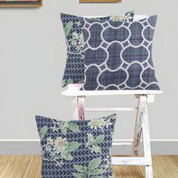 IVAZA Grey & Green Set of 3 Geometric Square Cushion Covers-7
