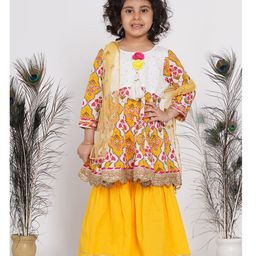 Little Bansi Full Sleeves Floral Print Kurta With Sharara & Dupatta - Yellow-picture-48