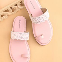 Earthy Touch Premium Slip On Ethnic Wear Mojaris with Lace - Pink-image-97