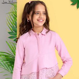 Arias Cotton Dobby Full Sleeve Peplum Shirt With Half Placket Opening And Schiffli Detailing - Pink-image-30