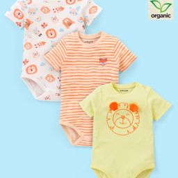 Babyoye 100% Organic Cotton with Eco Jiva Finish Half Sleeves Stripes & Lion Print Pack of 3 - White Orange & Yellow-image-89