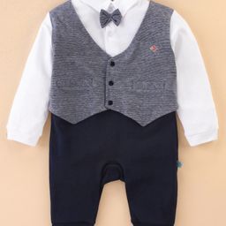 Mini Taurus Cotton Full Sleeves Party Rompers with Waistcoat and Bow Applique - Navy Blue-image-5