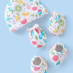 Babyhug 100% Cotton Fruits Printed Cap Mittens & Booties Set - Multicolour-17