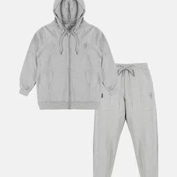 Kiddopanti Full Sleeves Brand Name Placement Printed Hooded Sweatshirt & Fleece Track Pant Set -  Melange Grey-picture-7