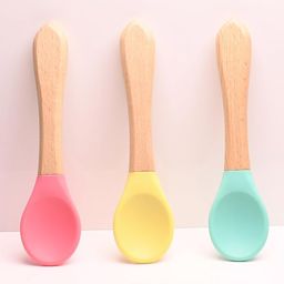 THE LITTLE LOOKERS Silicone Spoon with Bamboo Handle BPA Free Feeding Spoons for Baby/Kids/Toddlers - Multicolor (Pack of 3)-18