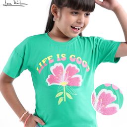 Arias Cotton Knit Drop Shoulder Sleeves T-Shirt with Terry Embroidery & Floral Print - Green-image-2