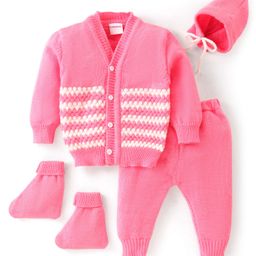 Babyhug Knit Full Sleeves Front Open Sweater & Pant Set with Cap and Booties Shell Design - Pink & White-picture-4