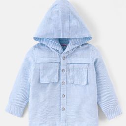 Babyhug Cotton Woven Full Sleeves Hooded Shirt with Stripes Design - Sky Blue-picture-29