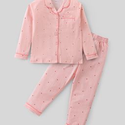 Ollypop Sinker Knit Full Sleeves Front Open Night Suit with Heart Print - Pink-image-60