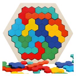NEGOCIO Wooden Puzzle Toys for Kids Wooden Hexagon Puzzle Tangram Brain Teaser Toy Kid Shape Pattern Block Geometry Logic IQ Game STEM Montessori Educational Gift for Challenge - Pack of 1 - Color May Vary 12 pieces-0