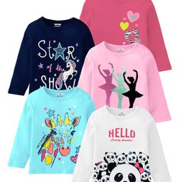 KUCHIPOO Pack Of 5 Cotton Full Sleeves Ballerinas & Animals Printed Tees - Pink Navy Blue Sky Blue Light Pink & White-image-63