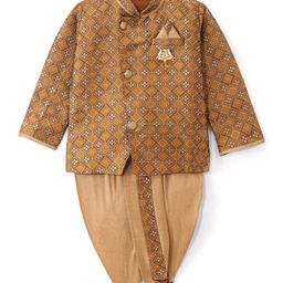 Dapper Dudes Cotton Silk Full Sleeves Ethnic Motif Printed Kurta With Dhoti - Mustard-picture-17