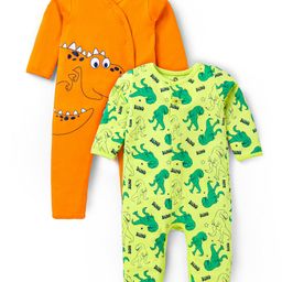 Doodle Poodle Interlock Knit Full Sleeves Rompers With Dino Print Pack of 2 - Orange & Lime Green-22