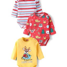 Babyhug 100% Cotton Knit Full Sleeves Onesies with Christmas Theme Print Pack of 3 - Red & Yellow-image-83