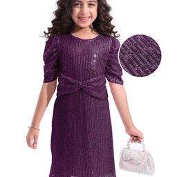 Hola Bonita Knit Half Sleeves Sequinned Party Dress With Bow Applique - Wine-image-36