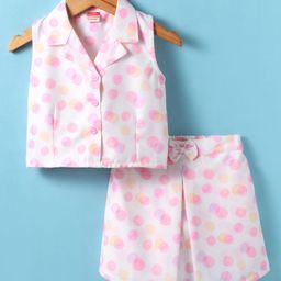 Tweetoons Woven Sleeveless Top & Shorts Set with Dots Printed & Bow Applique - Pink-image-7
