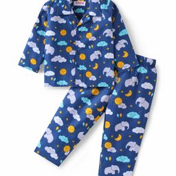 Babyhug Cotton Woven Full Sleeves Front Open Night Suit with Elephant Print - Navy Blue-image-80