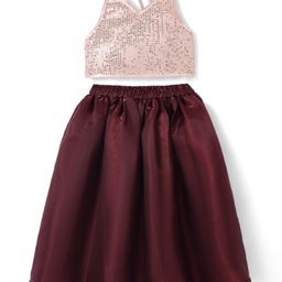 Saka Designs Satin Woven SleevelessSequinned Halter Neck Choli Lehenga Set-Mahroon & Golden-image-11