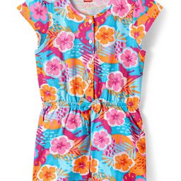 Babyhug Cotton Knit Sleeveless Jumpsuit with Floral Print & Bow Applique - Pink & Orange-image-60