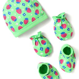 Babyhug 100% Cotton Cap Mittens & Booties Set With Floral & Tropical Theme Print Green - Diameter 17 cm-image-40