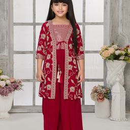 Tiny Kingdom Georgette Floral Sequin Embellished Top Palazzo With Three Fourth Sleeves Jacket Set - Pink-picture-18