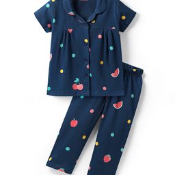 Babyhug Cotton Knit Half Sleeves Front Open Co-ords Night Suit With Tropical Theme Print - Navy Blue-image-88