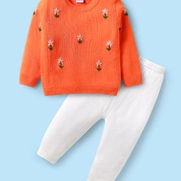 Babyhug Knitted Full Sleeves Sweater Set with Floral Embroidery - White & Orange-image-25