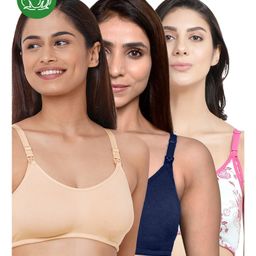 Inner Sense Organic Cotton Knit Pack Of 3 Solid & Floral Printed Antimicrobial Maternity Bras With Nursing Access - Multi Colour-picture-26