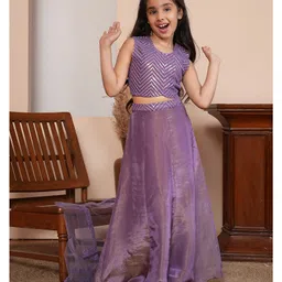 ADORNIA Net Knit Sleeveless Chevron Embroidered Sequins Embellished Lehenga Choli With Hair Clip & Dupatta Set - Purple-picture-11