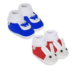 Neska Moda 0 To 6 Months Set of 2 Pair Newborn Baby Unisex Soft Skin-Friendly Cotton Rabbit Booties (Toe to Heel Length - 10 cm, Red, Blue)-1