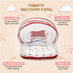 Luv Lap Baby Mattress Set With Mosquito Net Stars Print - White & Red image 2