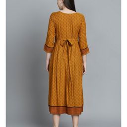 Dummy Shape Three Fourth Sleeves Ethnic Motifs Printed Maternity Flared Kurta With Attached Belt & Concealed Zipper Nursing Access - Mustard image 5