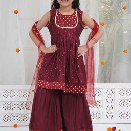 Little Bansi Girls Chanderi Silk Sleeveless Embrodiery Kurta,& Sharara With Dupatta-image-95