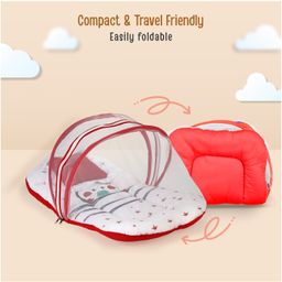 Luv Lap Baby Mattress Set With Mosquito Net Stars Print - White & Red image 5