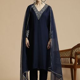 Anouk Floral Embroidered V Neck Thread Work Straight Kurta With Trousers & Dupatta-34