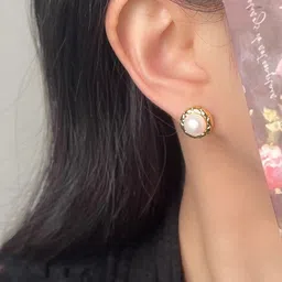 VAGHBHATT Gold-Plated Textured Rim Pearls Studded Circular Studs image 3