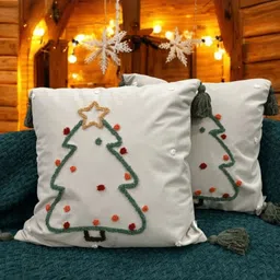 LUSHLYF White & Green 2 Pieces Embroidered Cotton Square Cushion Covers-28
