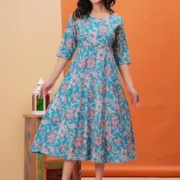 Sanganeri Kurti Women Floral Printed Cotton A-line Midi Dress-image-53