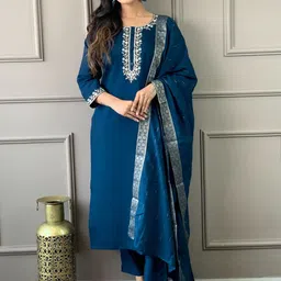 KALINI Floral Yoke Design Thread Work Chanderi Silk Straight Kurta & Trousers With Dupatta-picture-8