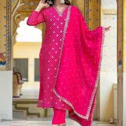 KALINI Floral Embroidered Straight Thread Work Kurta With Trouser & Dupatta-picture-0