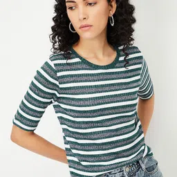 max Women Striped Printed Round Neck Cotton T-shirt-image-3
