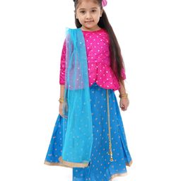 Babyhug Lehenga & 3/4 Sleeves Choli Set With Dupatta Dot Print - Pink Blue-picture-19