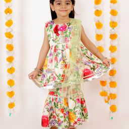 Little Bansi Sleeveless Floral Print Kurta With Sharara & Dupatta - Yellow-picture-17