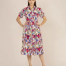 AMSWAN Women Shirt Collar Puff Sleeve Fit and Flare Midi Dress-image-9