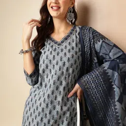 Anouk Floral Printed Regular Thread Work Pure Cotton Kurta With Trouser With Dupatta image 1