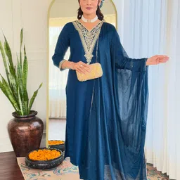 KALINI Floral Embroidered V-Neck Sequinned Straight Kurta With Trousers & Dupatta-image-87
