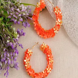 DressBerry Gold-Plated Orange Artificial Beaded Floral Hoop Earrings-image-74